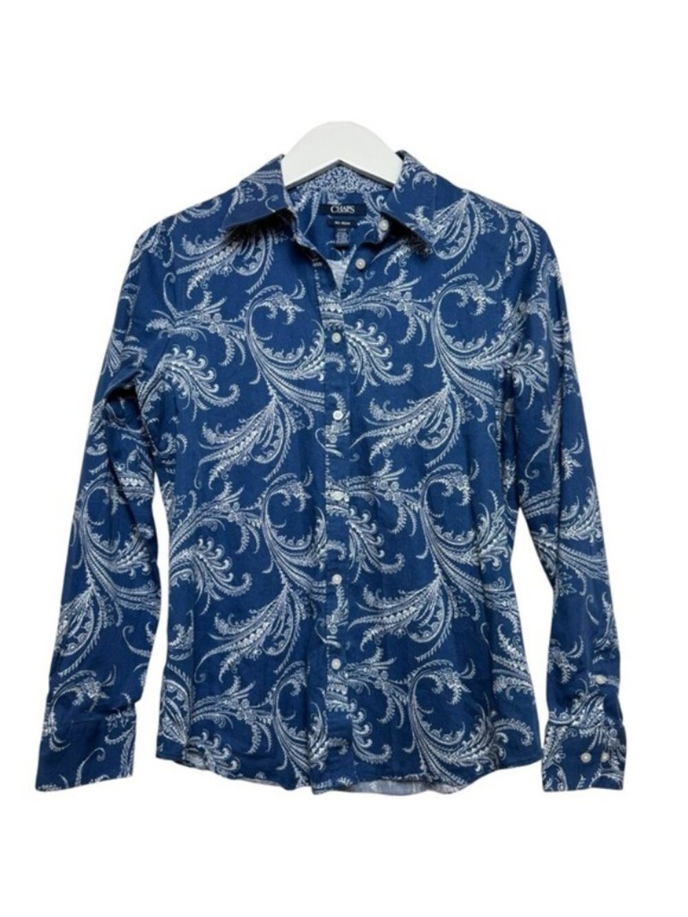 Chaps Women Button Up Shirt Paisely Blue White Floral No Iron Long Sleeve Small